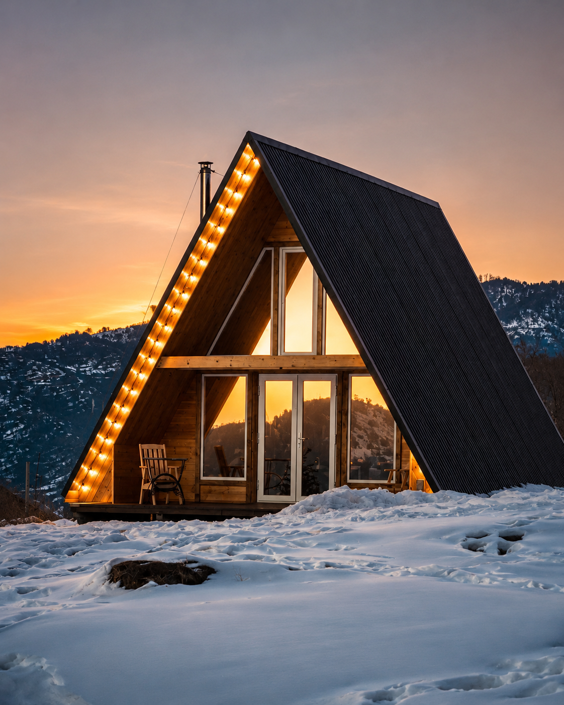 A wooden cabin in the snowy mountains above Gulmarg, Kashmir