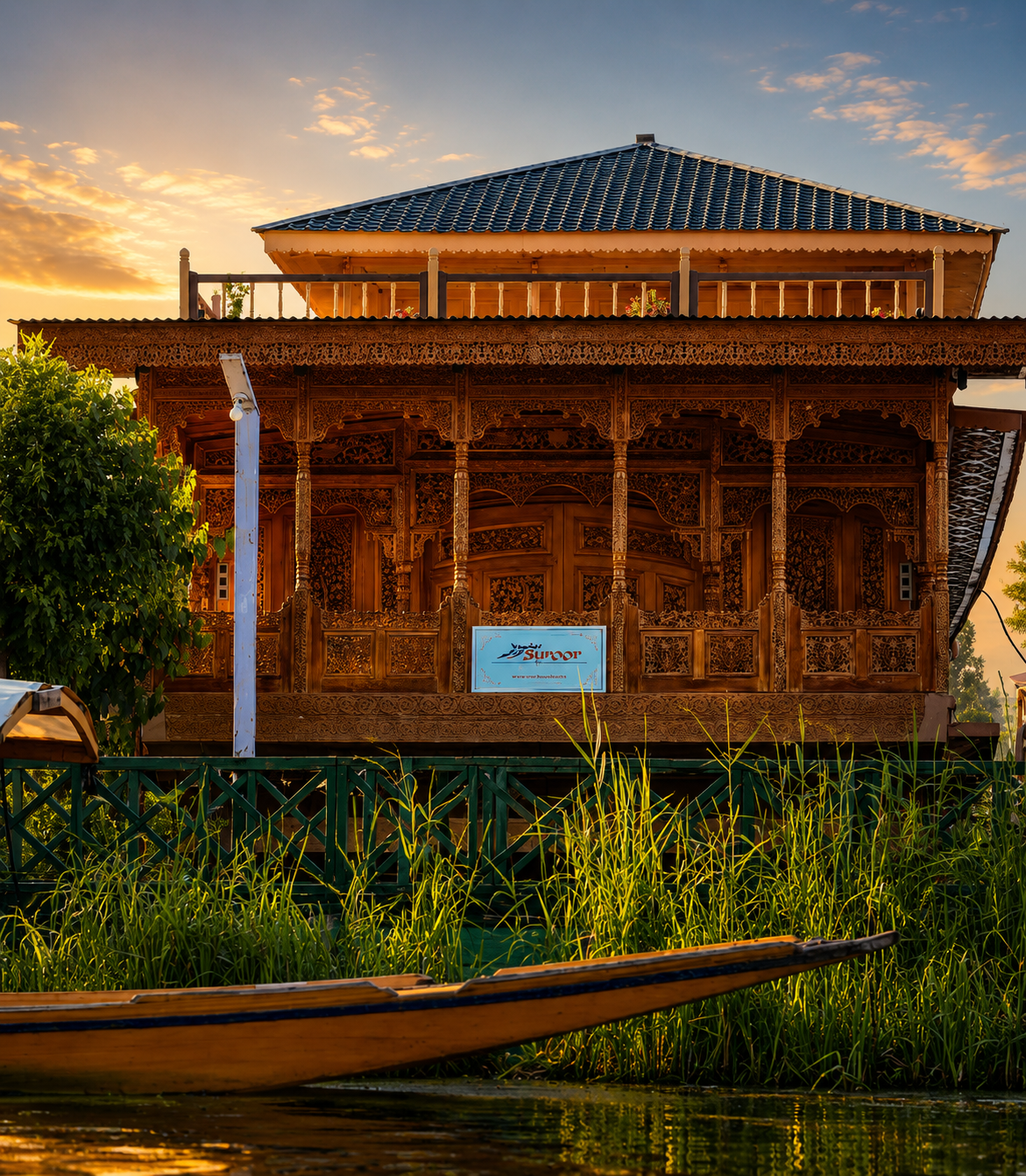 A traditional wooden houseboat on Nagin Lake, Kashmir